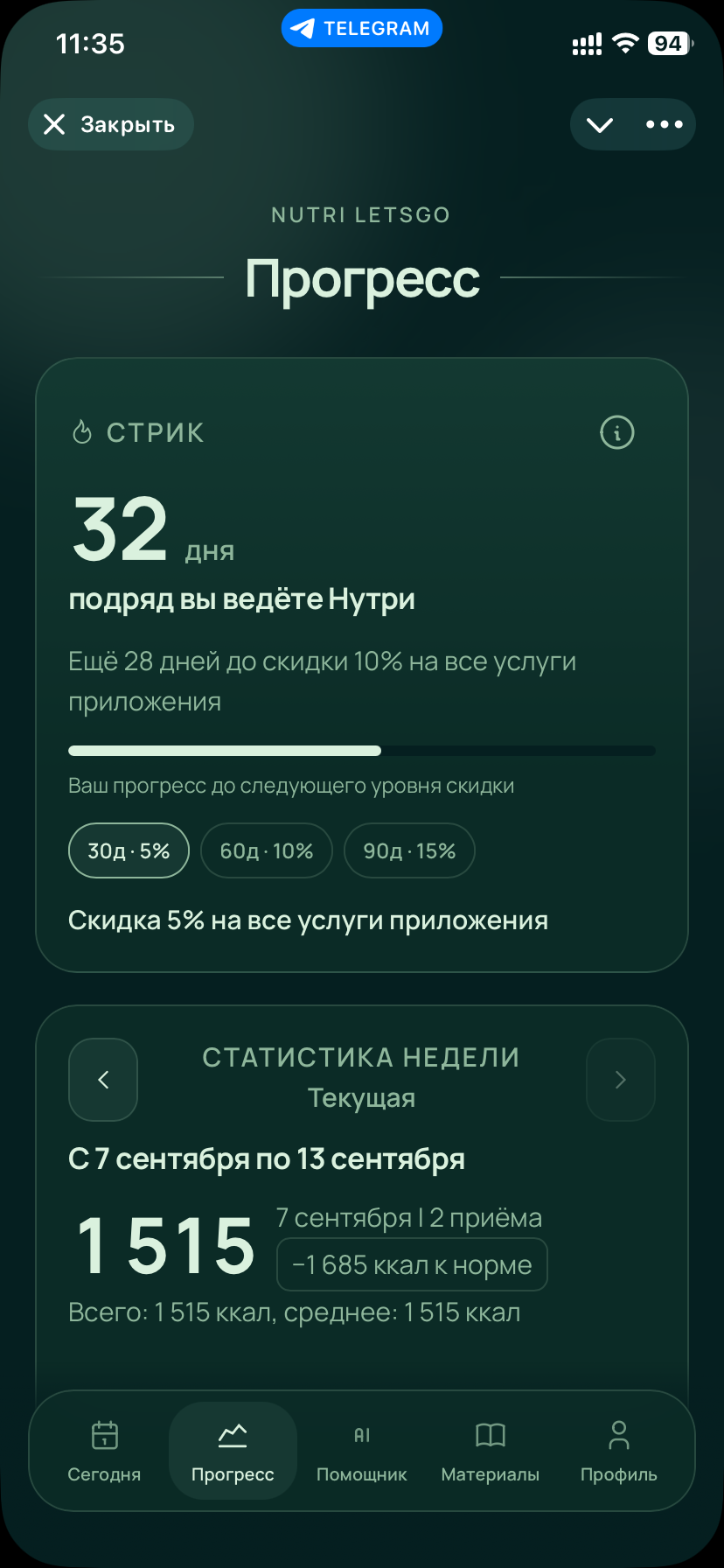 Экран прогресса: стрик 32 дня и статистика недели